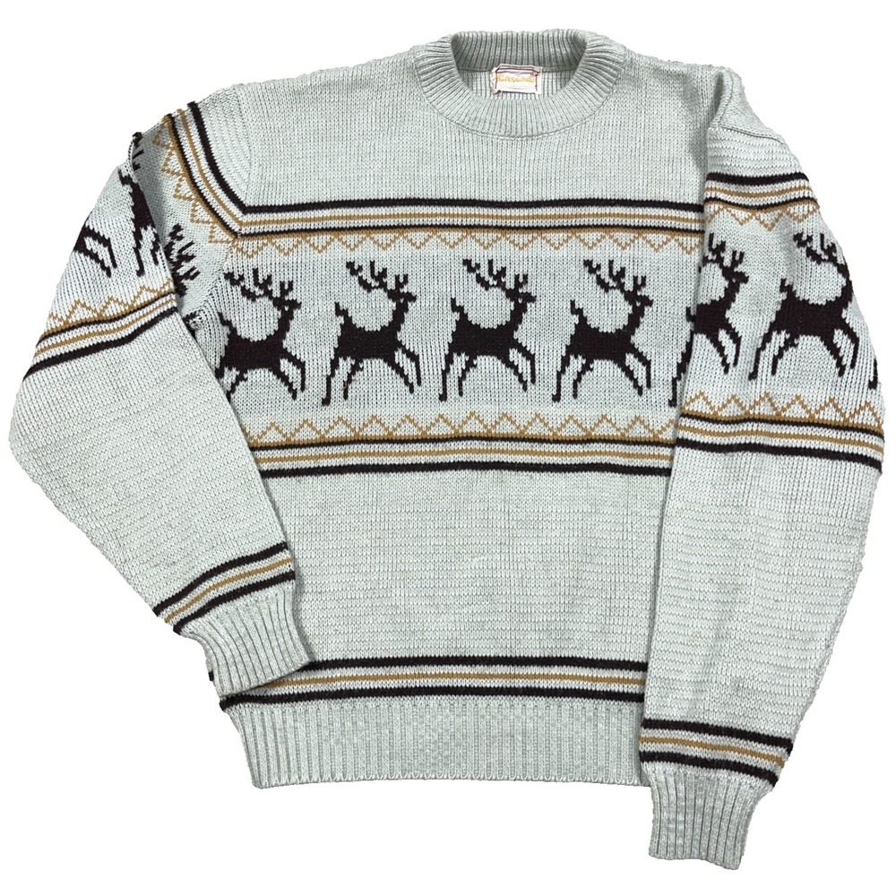 Vintage Grandpa Sweater Men Large Gray Acrylic‎ Knit Nordic Rein Deer 70s 80s